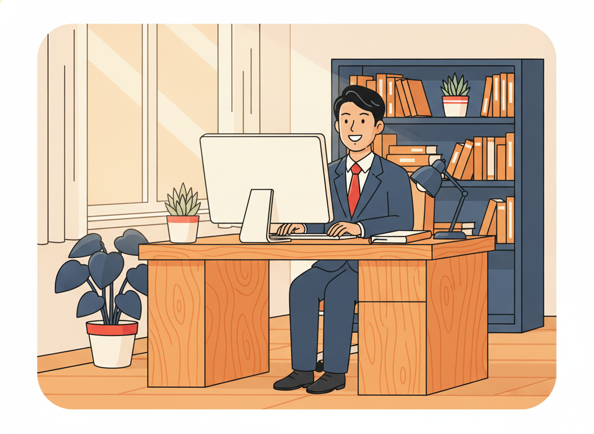 a well-organized home office setup with plants and a monitor on a wooden desk, morning light