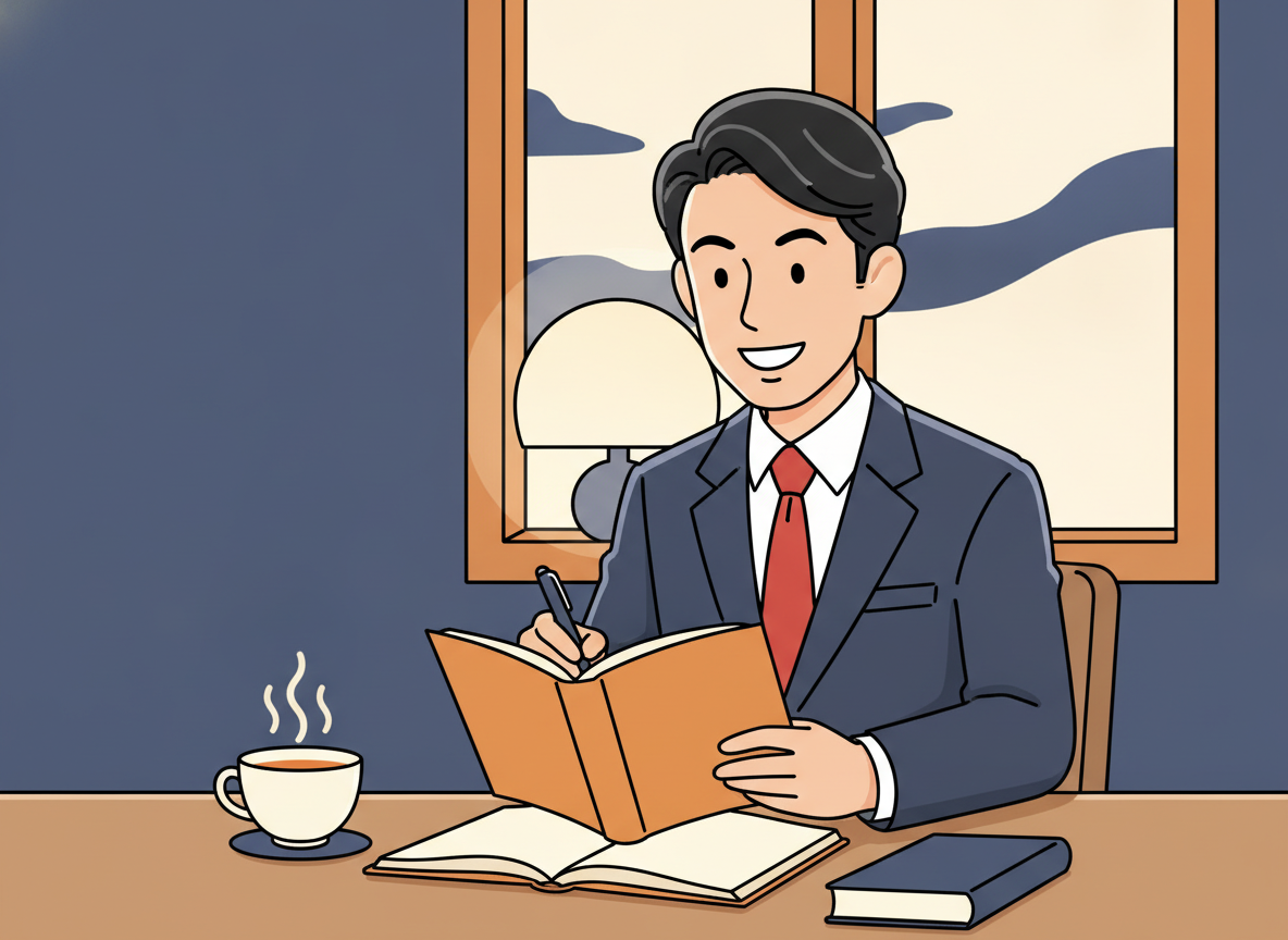 a person at a desk writing in a journal, warm quiet atmosphere, no text visible
