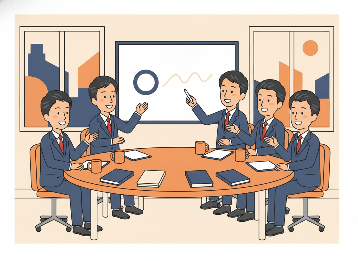 a small group of people gathered around a table in a bright modern room, collaborative atmosphere