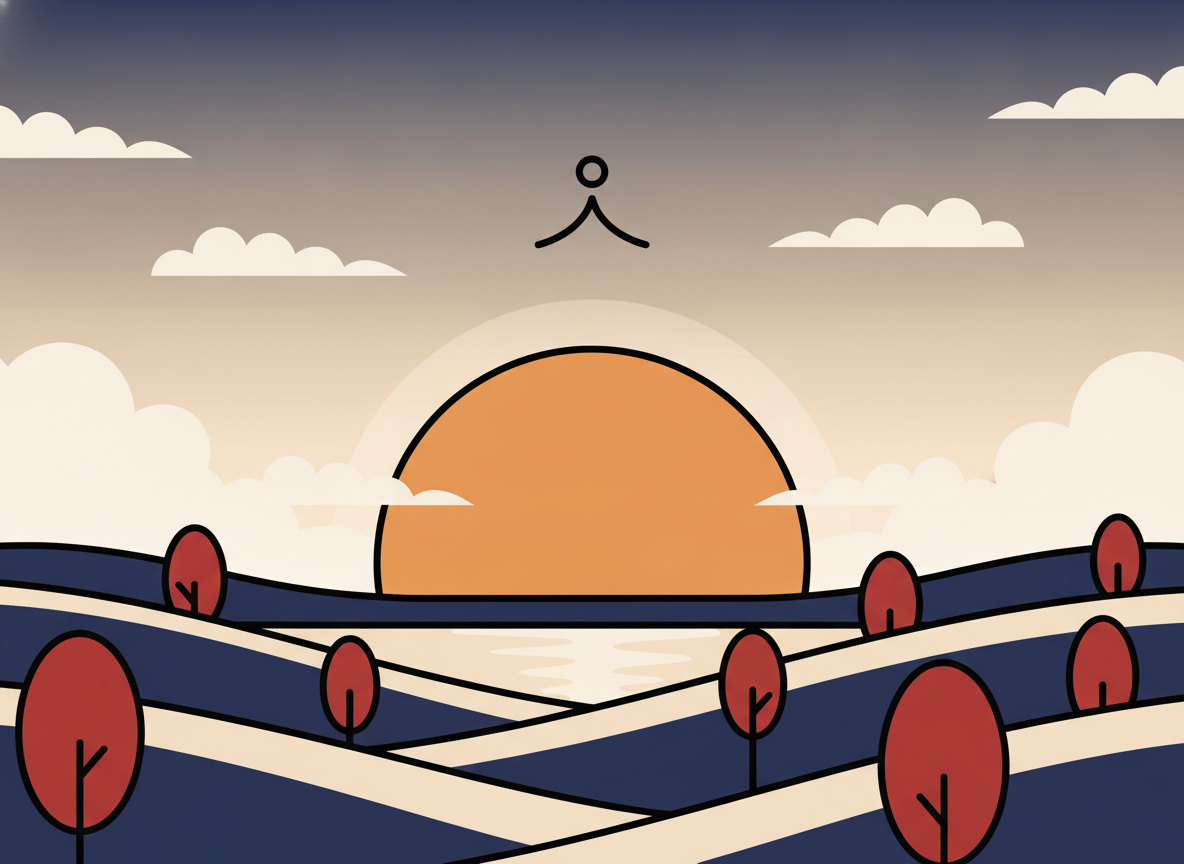 a calm sunrise over a quiet landscape, simple and peaceful, no text