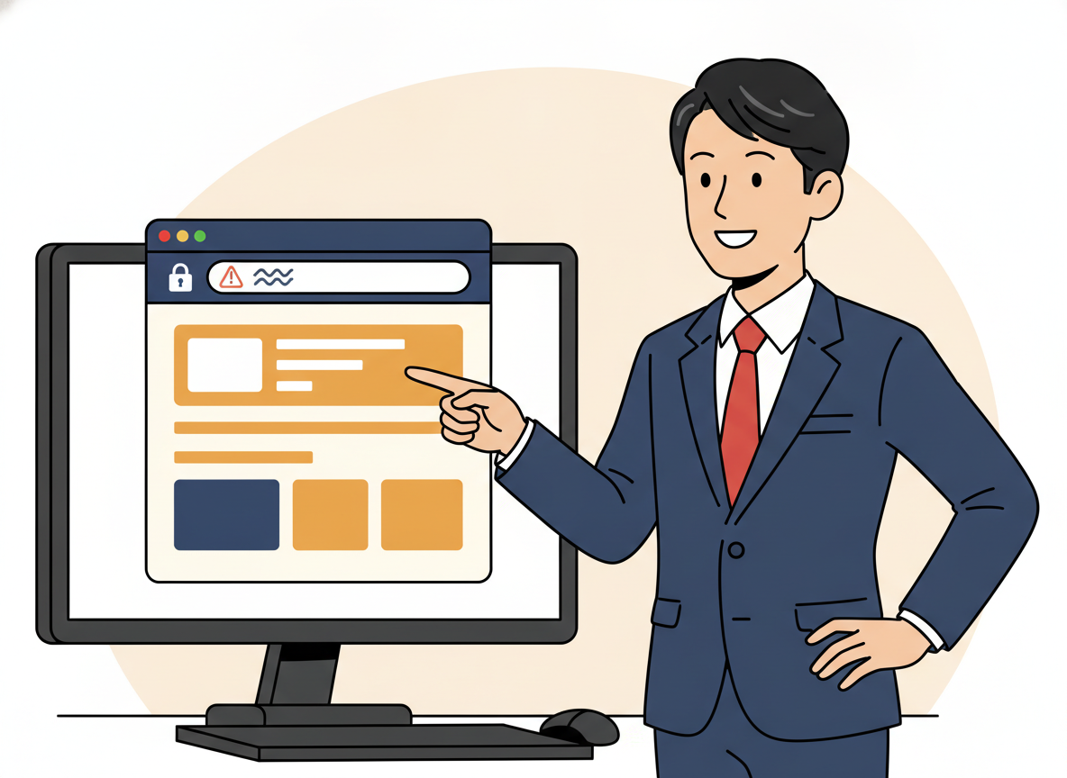 ブラウザのアドレスバーでhttp接続のサイトに「保護されていない通信」の警告が出ている画面