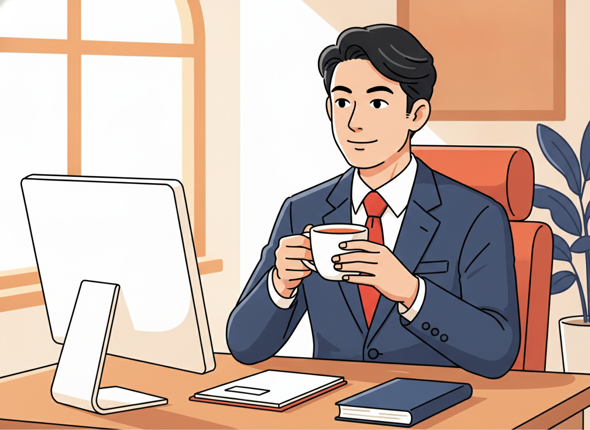a person sitting at a wooden desk in morning light, looking thoughtful with a cup of coffee