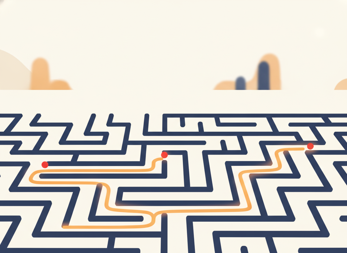 abstract maze with a single path highlighted in warm light