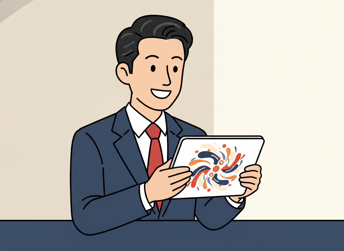 a person holding a tablet showing colorful abstract design, smiling