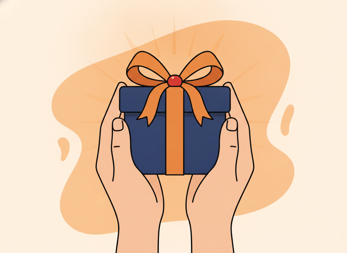 a person's hands holding a small gift box with a ribbon, warm light