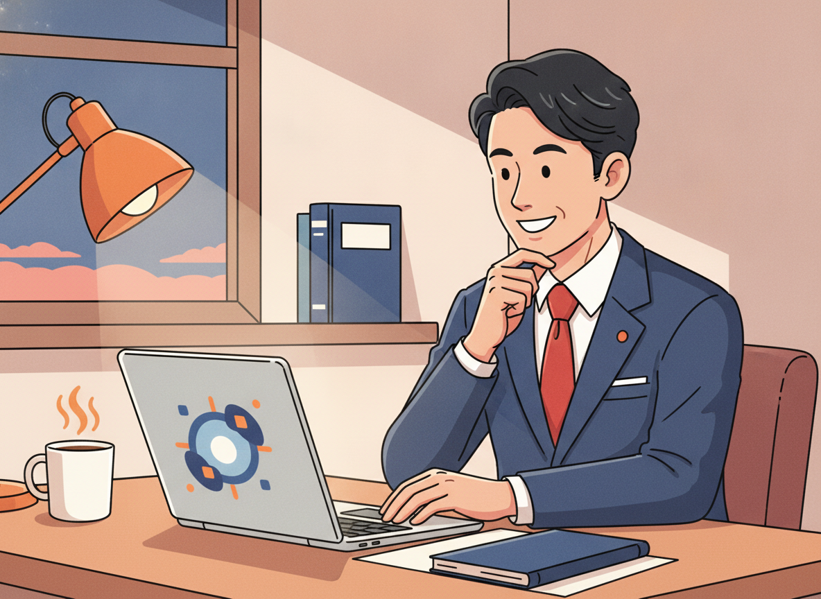 朝5時のデスク・コーヒーとノートPCでClaudeを開くひとり社長のイメージ