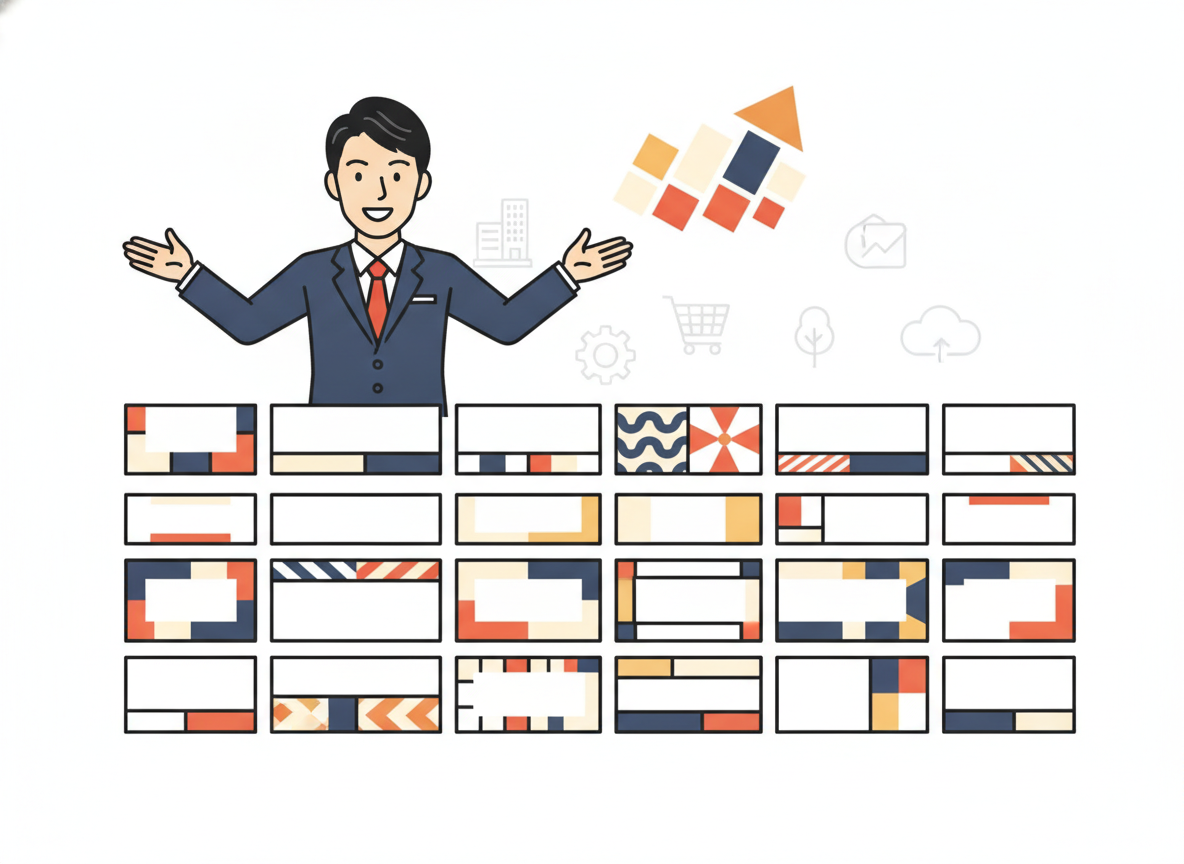 異なる業種向けの営業メール文面がずらりと並ぶイメージ