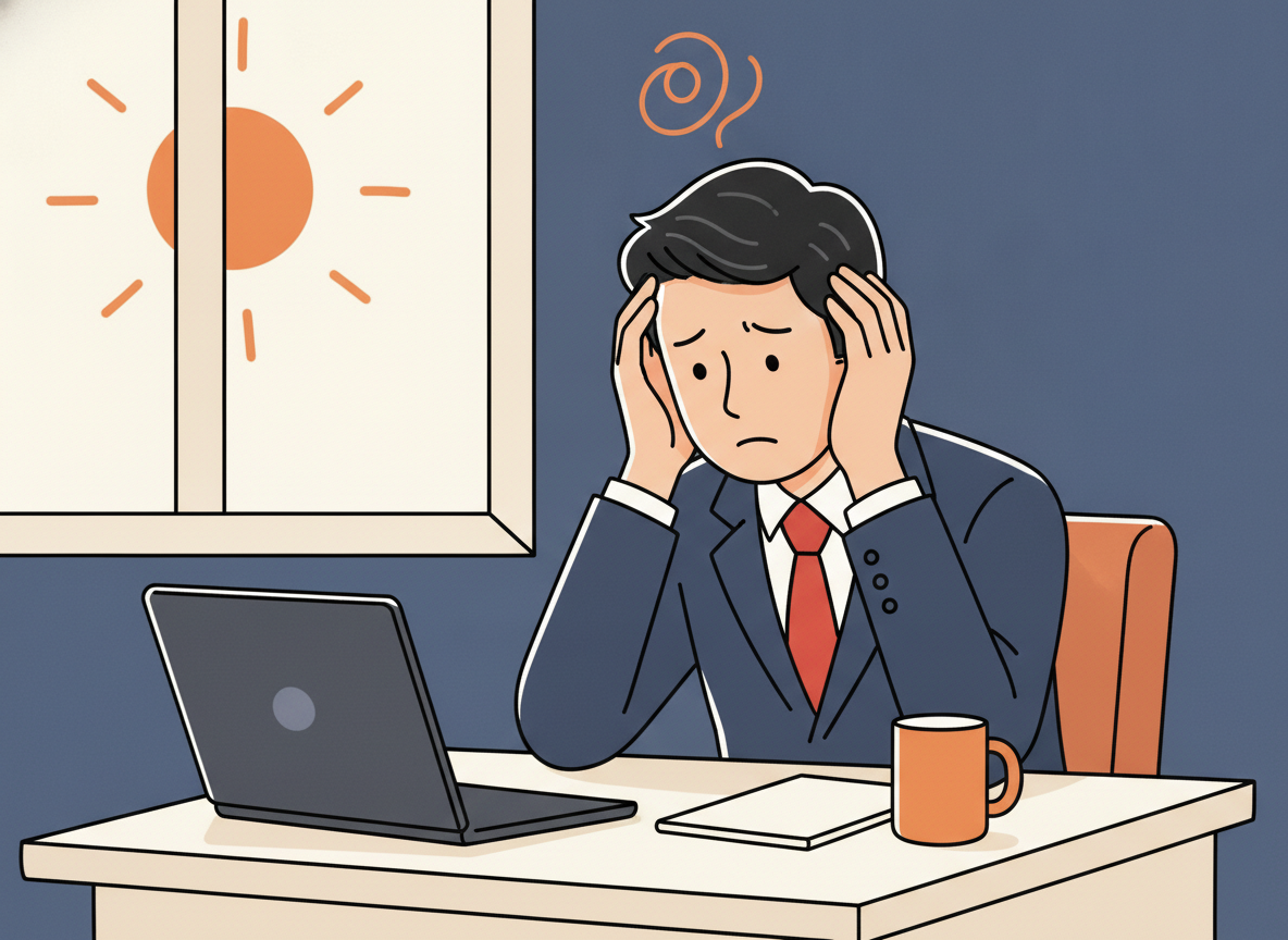 行き詰まったひとり社長がPCの前で頭を抱えるイメージ