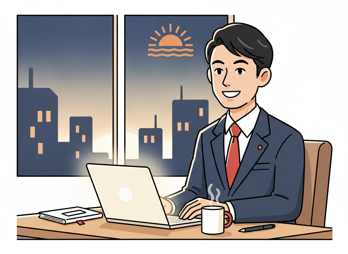 朝5時の札幌・窓の外が明るくなる前のデスクで仕事するひとり社長のイメージ