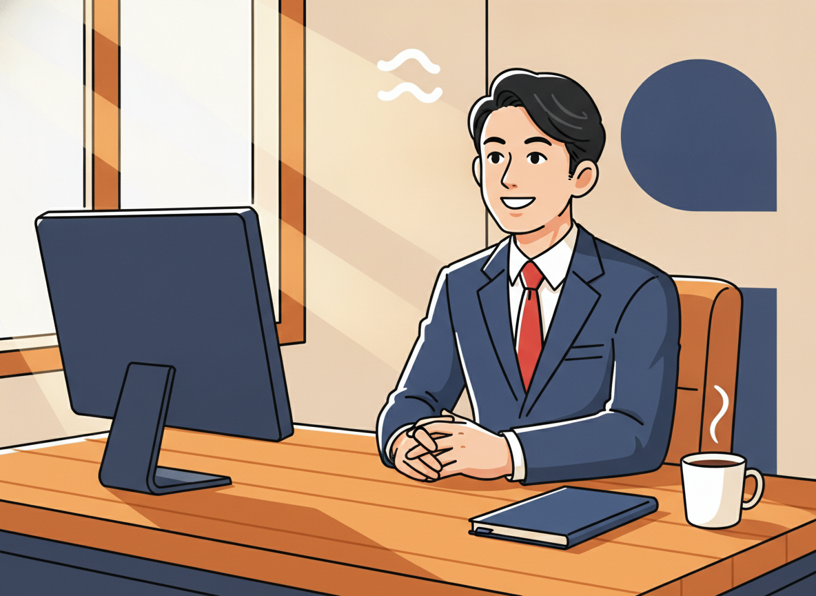 a thoughtful person sitting at a wooden desk in warm morning light, looking ahead