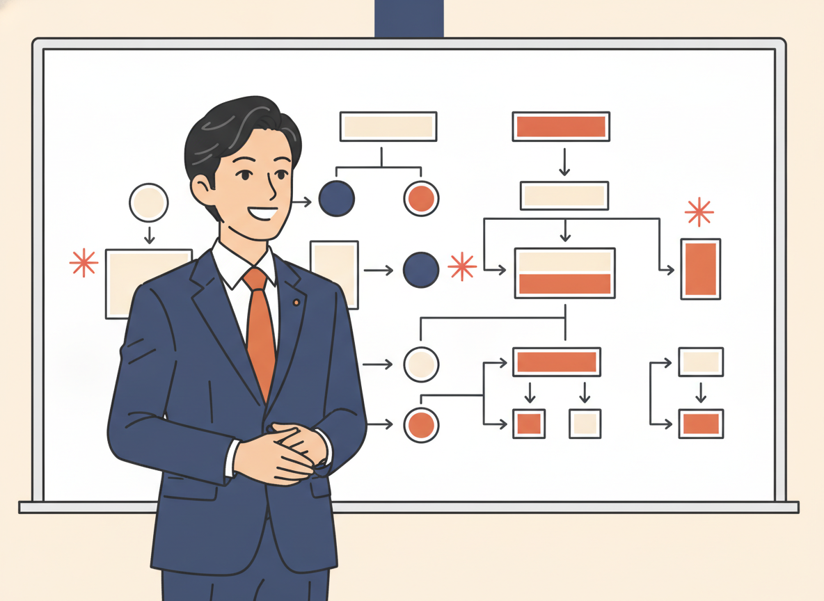 a person standing in front of a large abstract flowchart drawn on a whiteboard