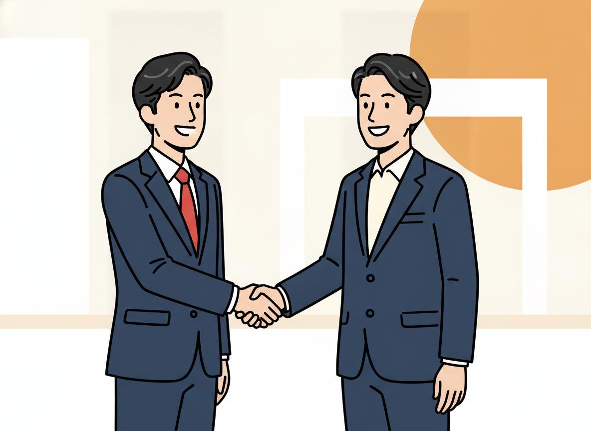 two people shaking hands warmly in a bright open space