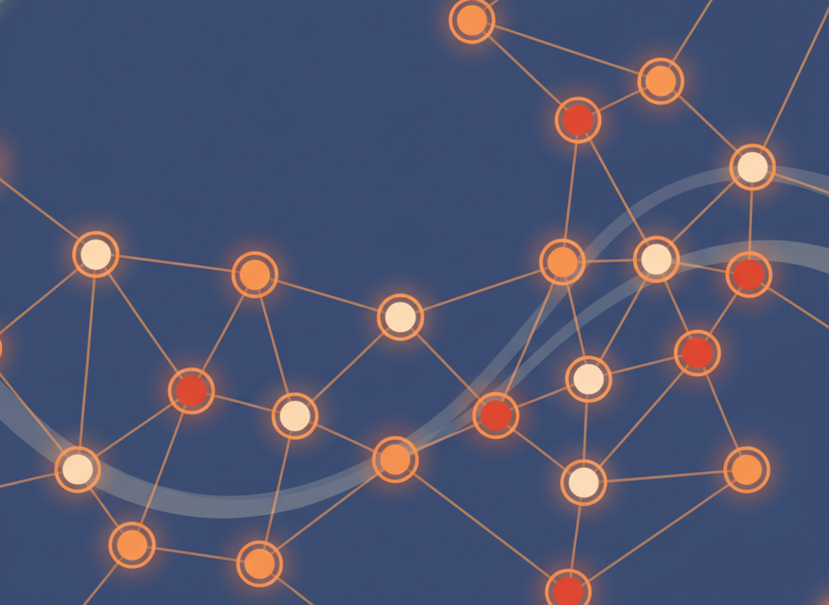 abstract warm-toned network of glowing dots connected by thin lines