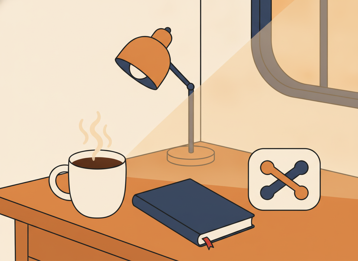 a warm desk with a steaming cup of coffee and a closed notebook