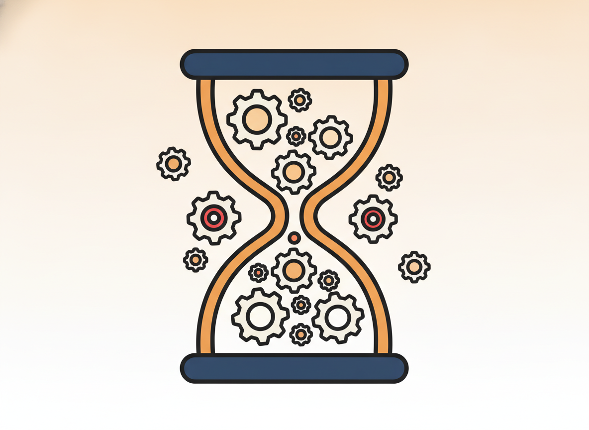 abstract hourglass shape with scattered gears, soft gradient background, no text