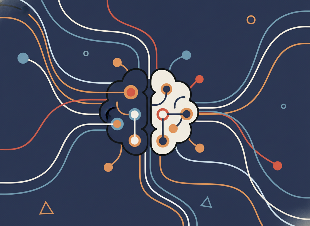abstract AI brain network with flowing lines, dark blue background, no text or faces