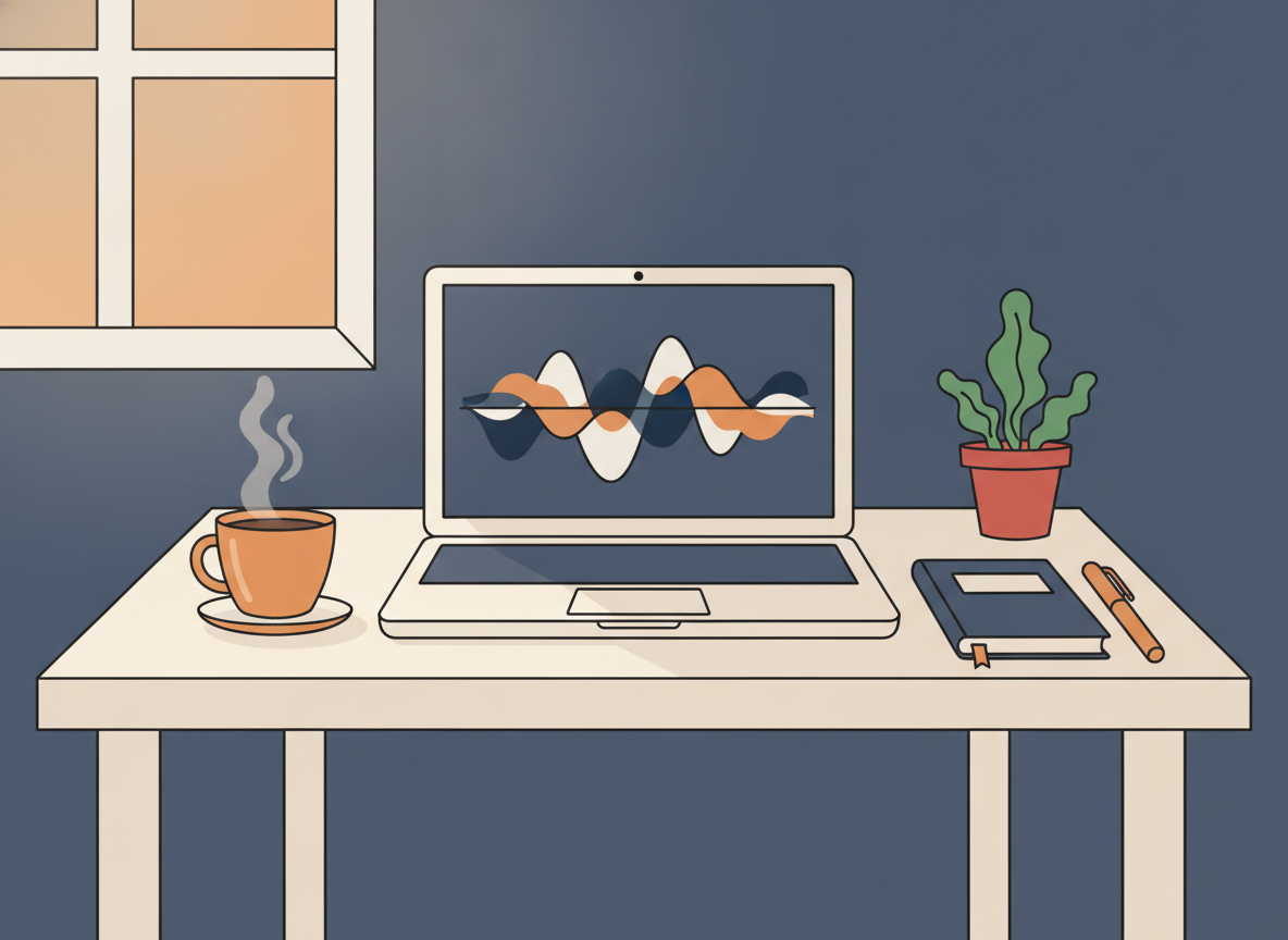 a calm morning workspace with a cup of coffee and a laptop showing simple waveforms, no readable text on screen