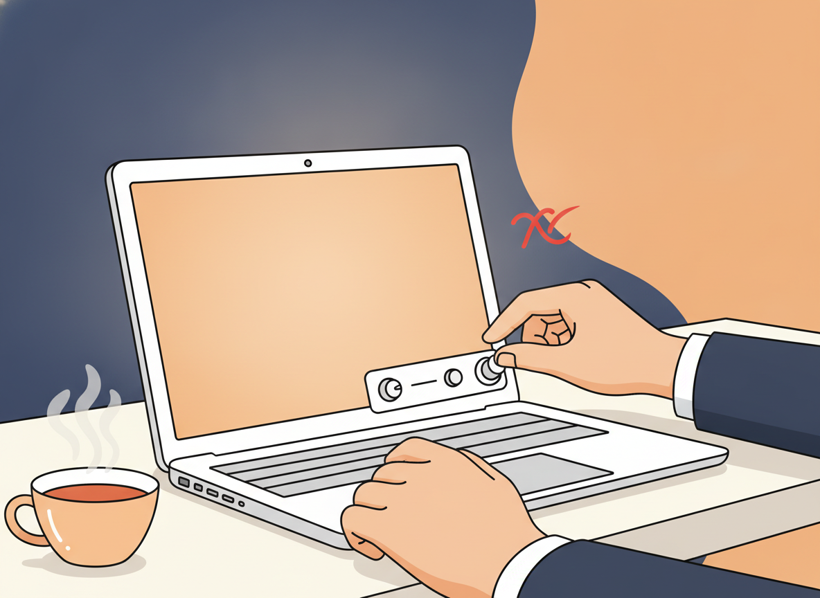 a person's hands adjusting settings on a modern laptop, clean desk, warm lighting, no screen content visible