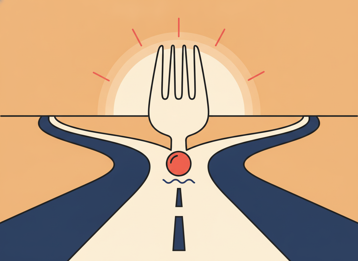 a fork in a minimalist road illustration, soft colors, no signs or text
