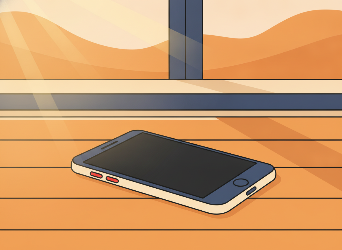 a smartphone resting on a wooden table in warm morning light, screen off, no visible text