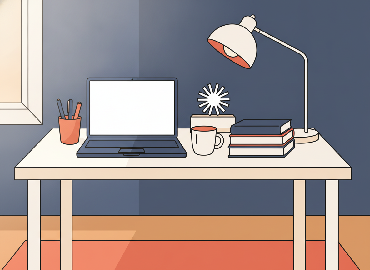 a neatly arranged desk with a few selected items, soft natural light, no labels or text visible