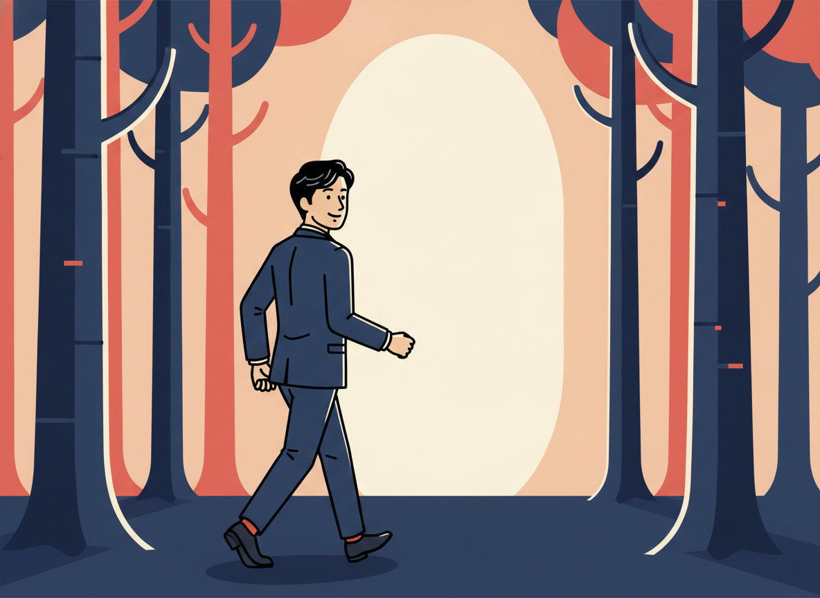 a person walking toward a bright opening in an abstract forest, minimalist illustration, no text