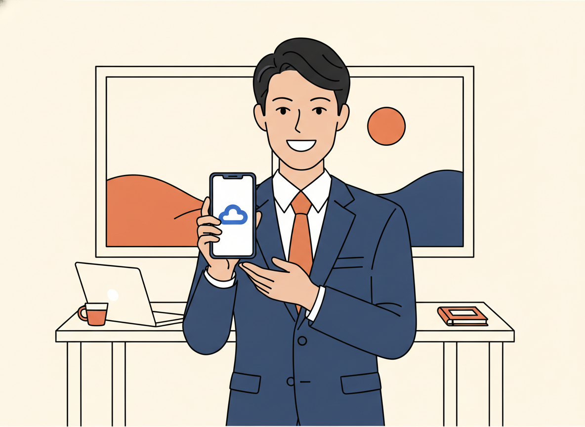 経営者がスマホでChatworkを確認しているイメージ写真──シンプルなオフィス背景