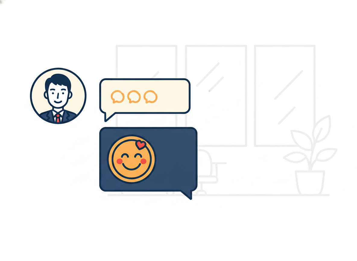 Chatworkのメッセージ画面──一行の短い返信と絵文字スタンプの例