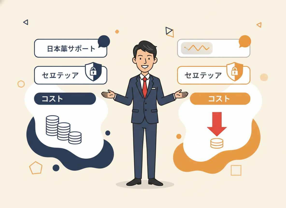 ChatworkとSlackのロゴを並べた比較イメージ──「日本語サポート」「セキュリティ」「コスト」の3軸を示す図