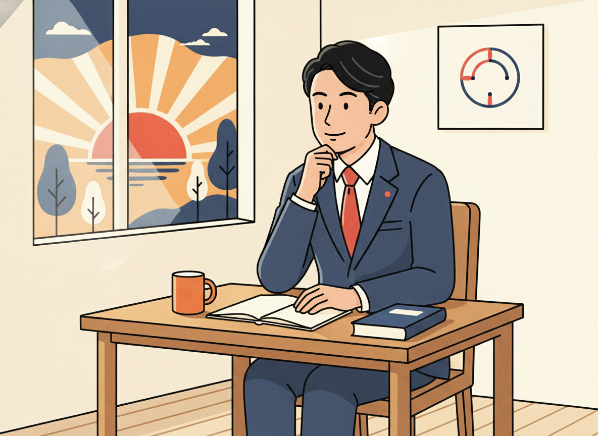 a person sitting quietly at a wooden desk in early morning light, looking thoughtful