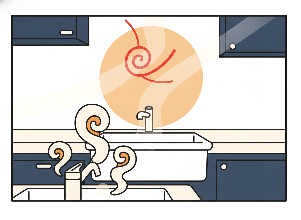 abstract warm light in a quiet kitchen, steam rising from a sink