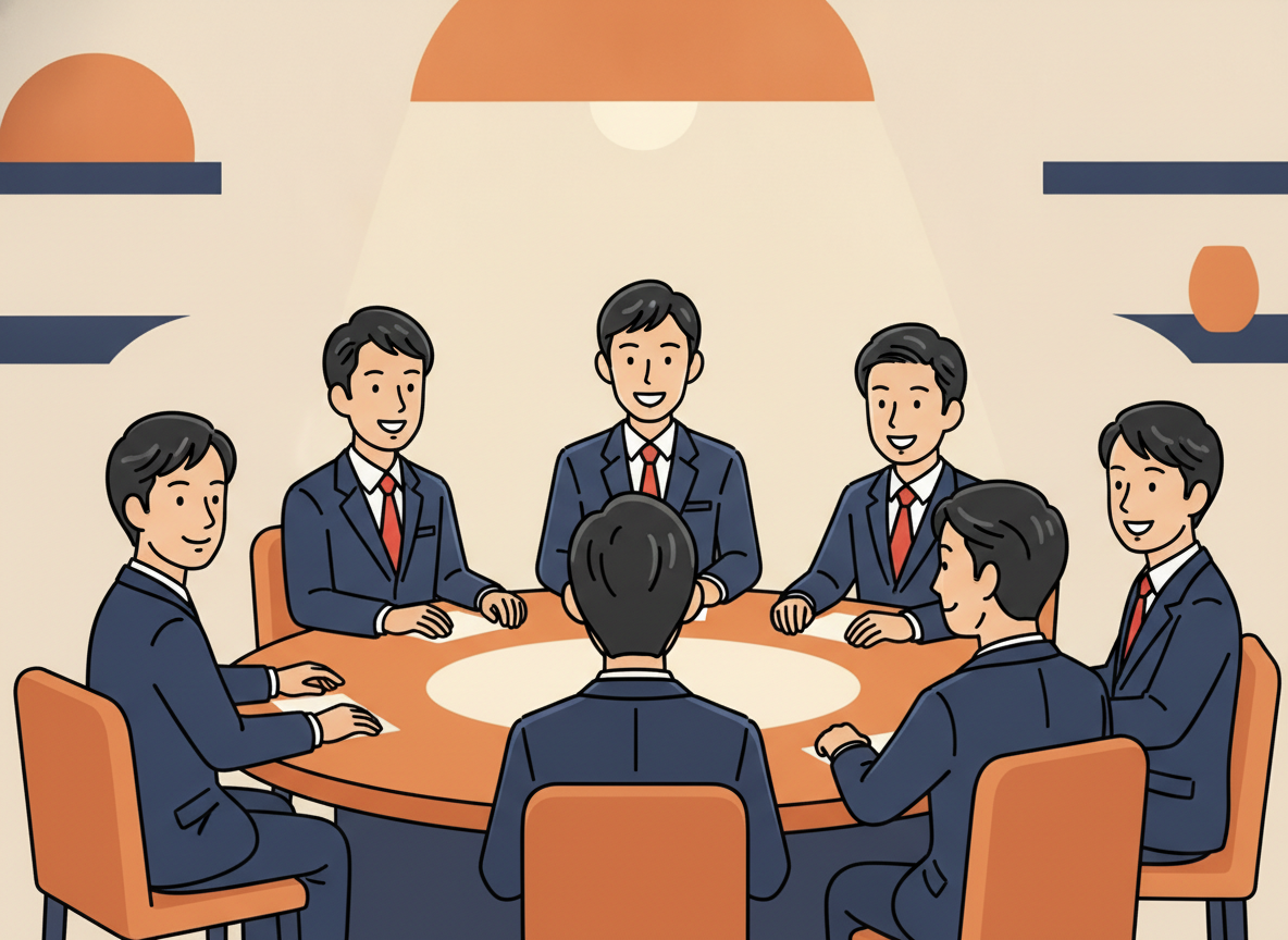 a circle of people sitting around a round table, warm ambient light, no text visible