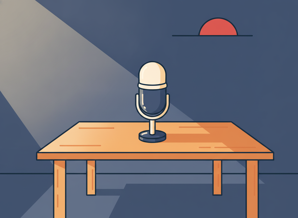 a simple microphone on a wooden desk in the morning light, no text
