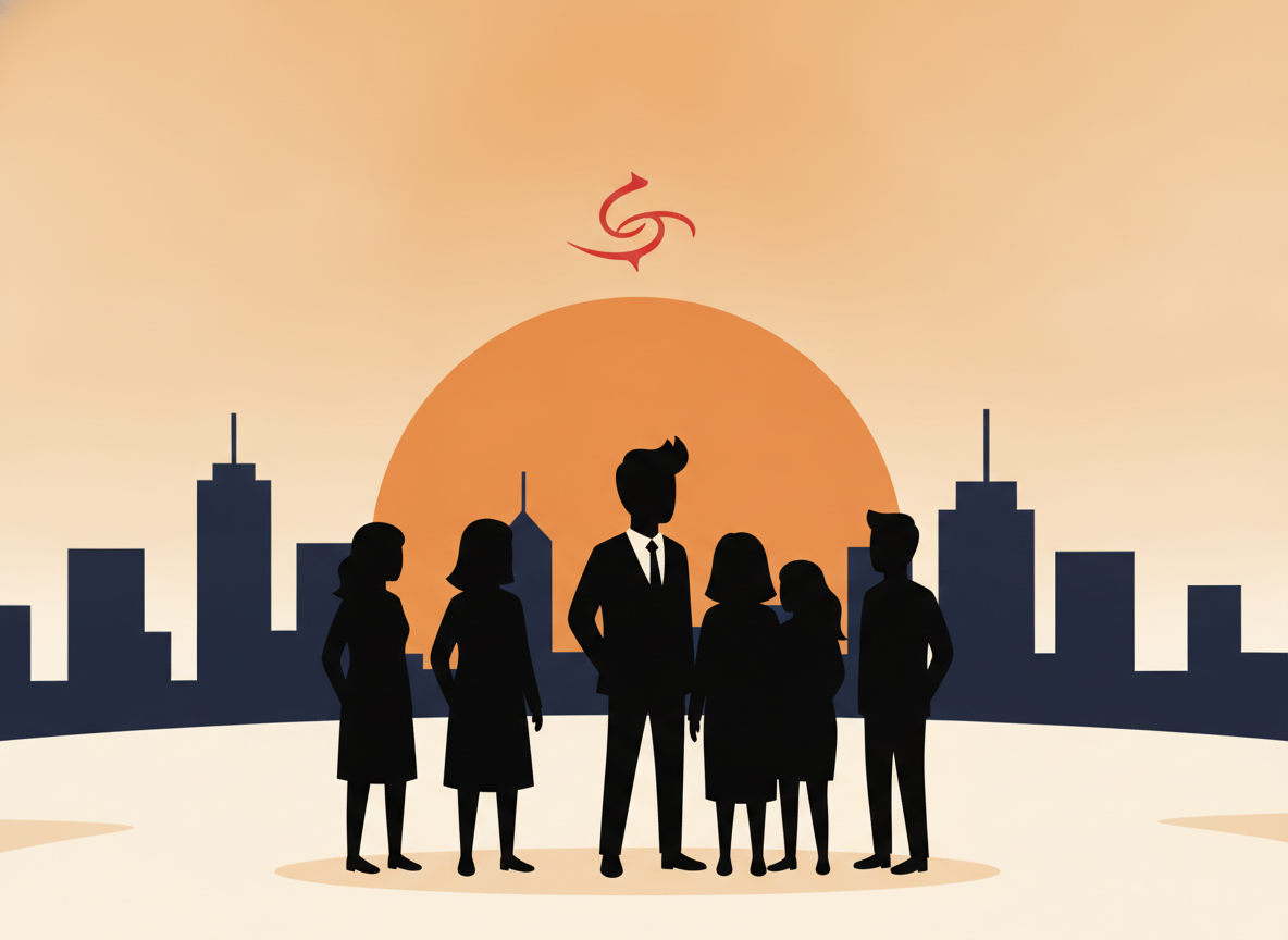 a group of silhouettes gathered outdoors at sunrise in a northern city