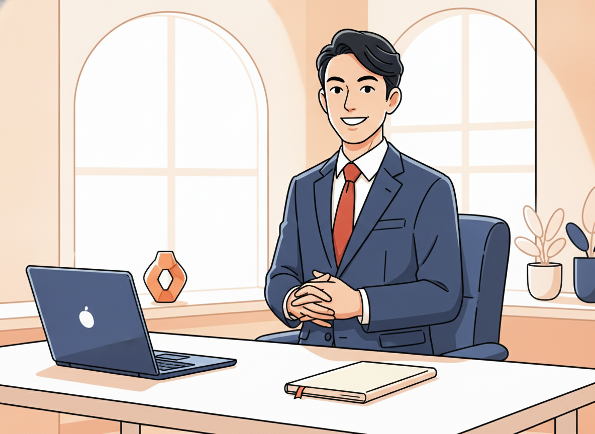 a person at a bright open workspace, looking forward with confidence