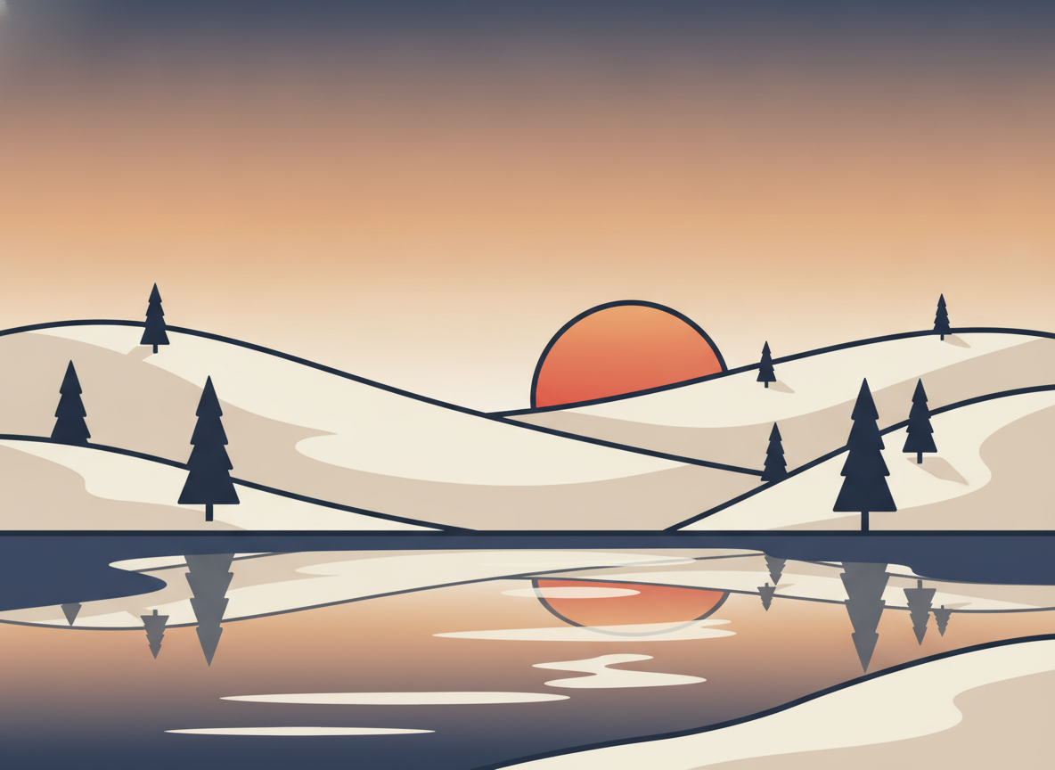a sunrise over a calm northern landscape, no people, soft warm colors