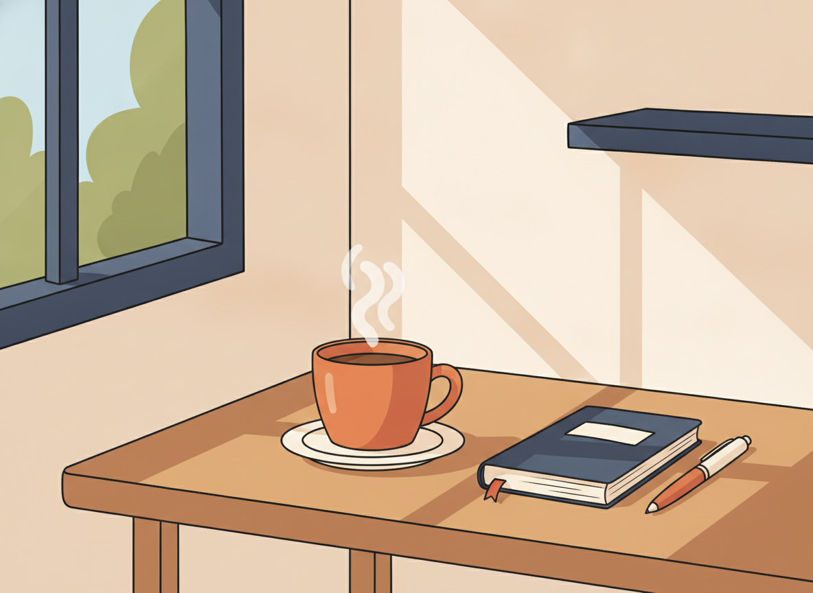 a calm morning desk with a warm cup of coffee and a small notebook, soft natural light, no text