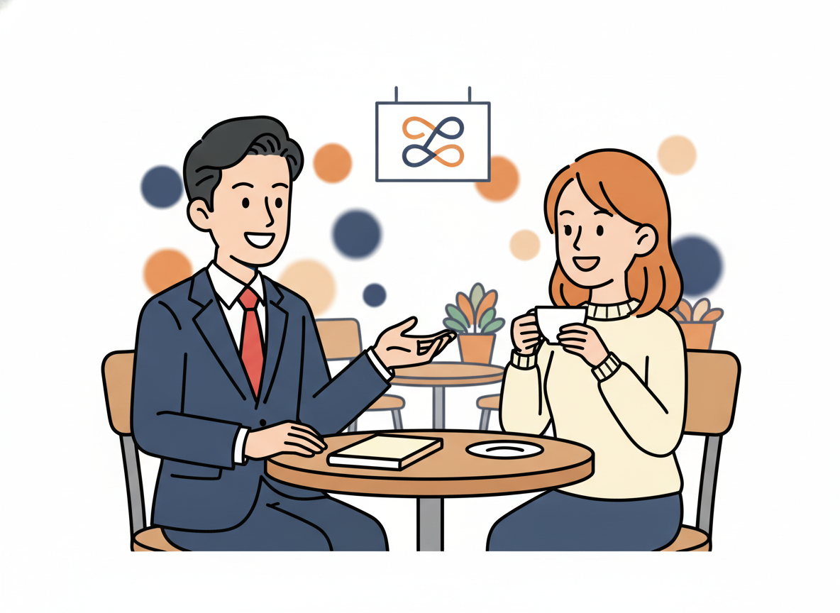 two people in a natural conversation at a café, relaxed atmosphere, no text, soft bokeh background