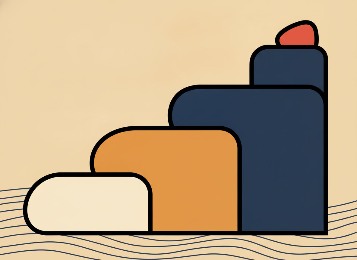 three connected abstract shapes representing steps or stages, minimal and clean, no text