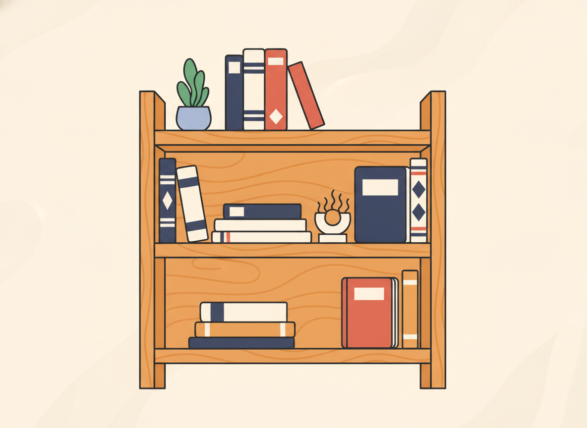 a tidy bookshelf with a few selected books, warm wooden background, no text visible on spines