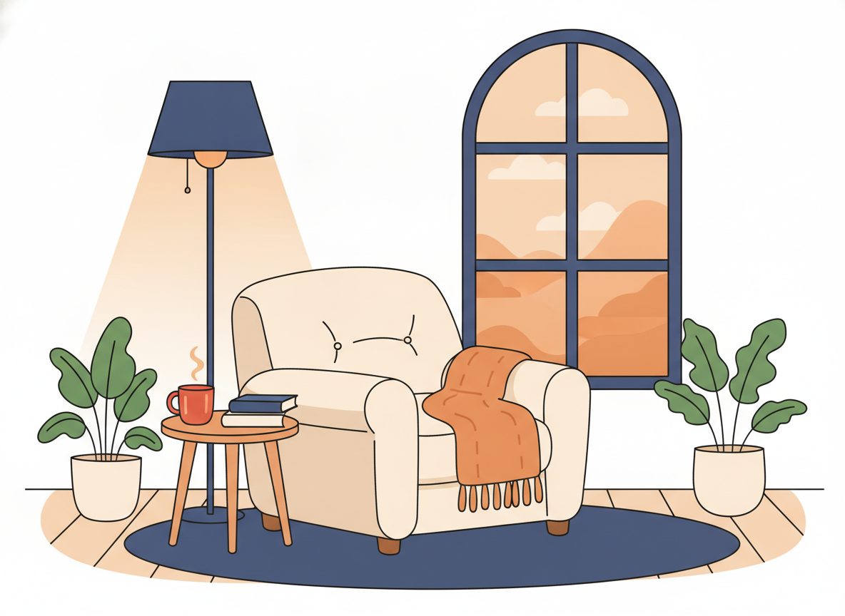 a warm and inviting reading corner with a single chair and soft lighting, no text visible