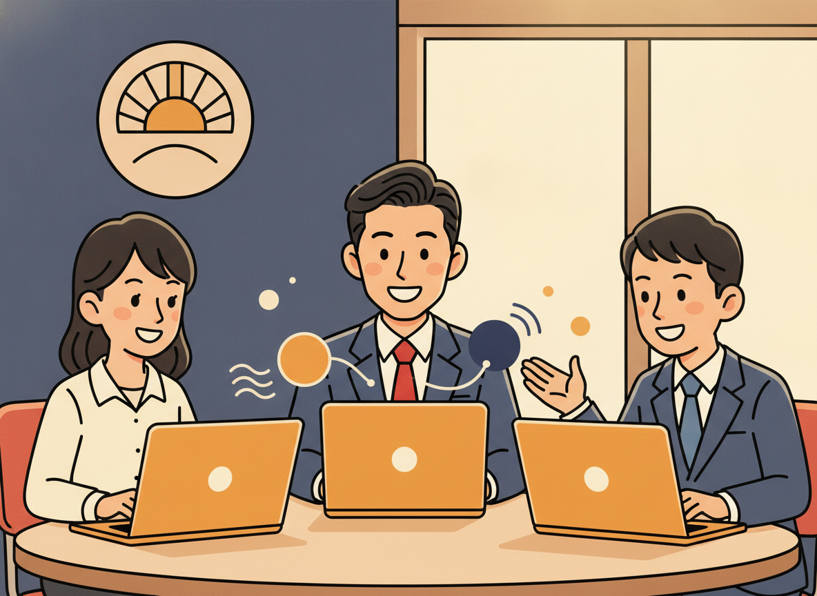 a small group of people in an online meeting, engaged and focused, warm lighting, no text on screens