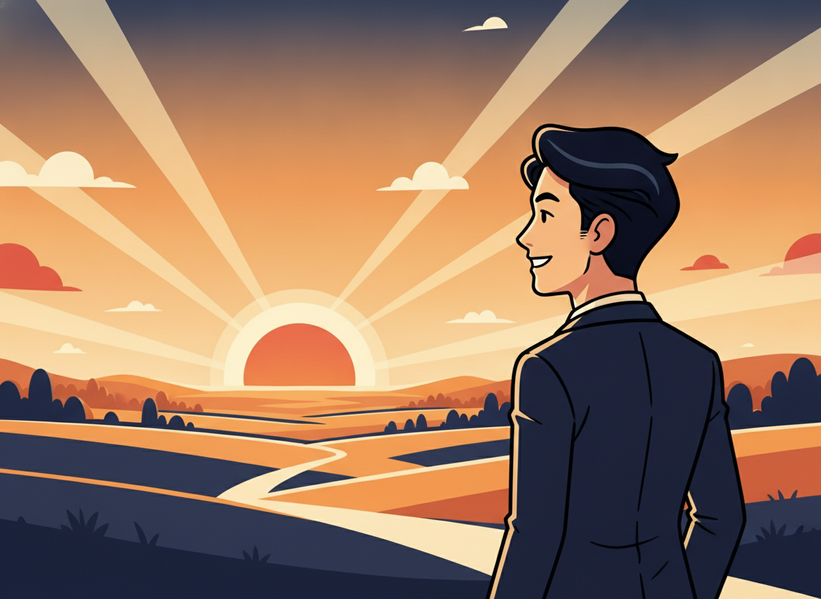 a calm sunset over a wide open landscape, serene and hopeful, no text