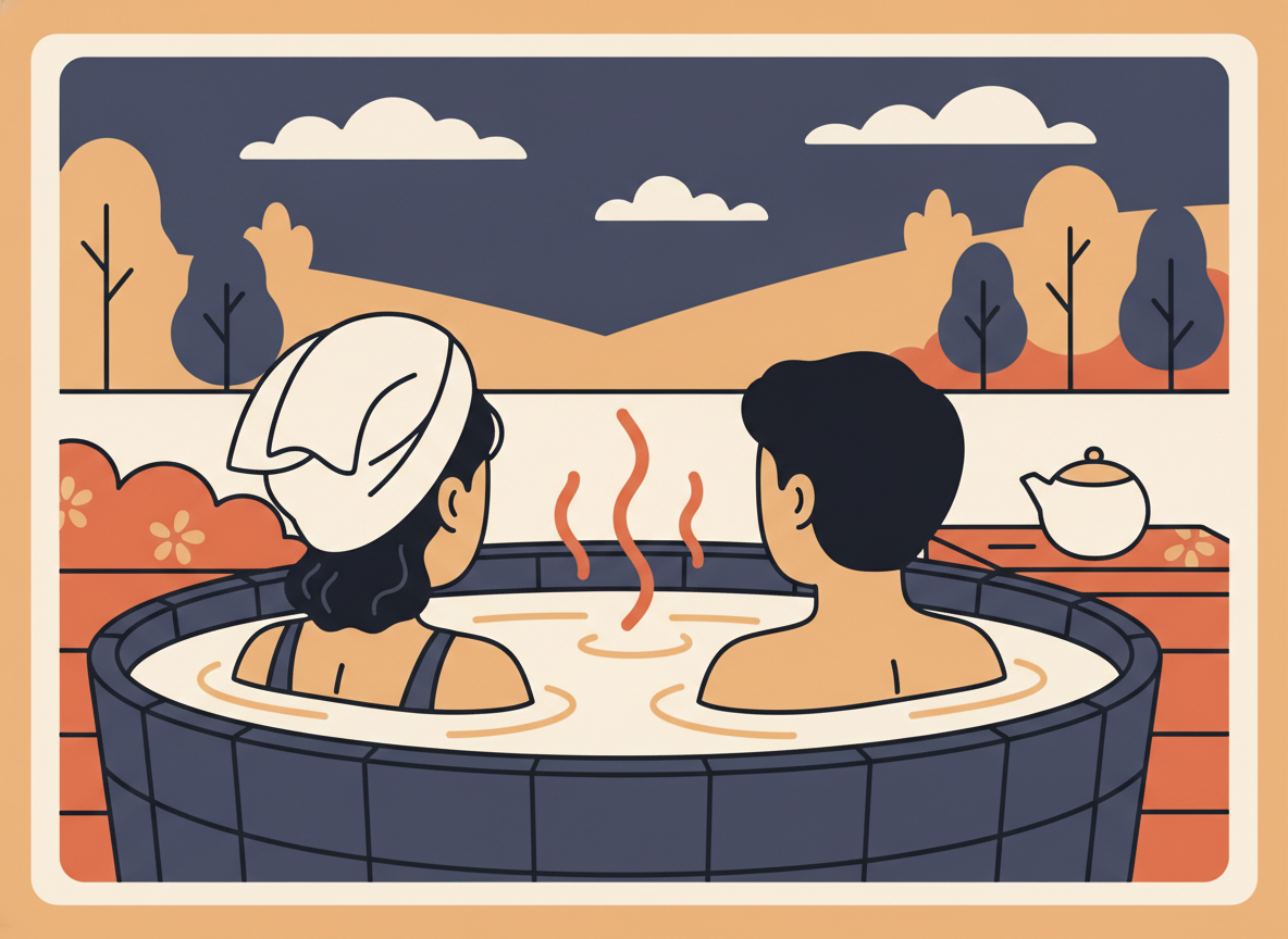two people relaxing in a warm outdoor bath setting, talking casually, no faces shown