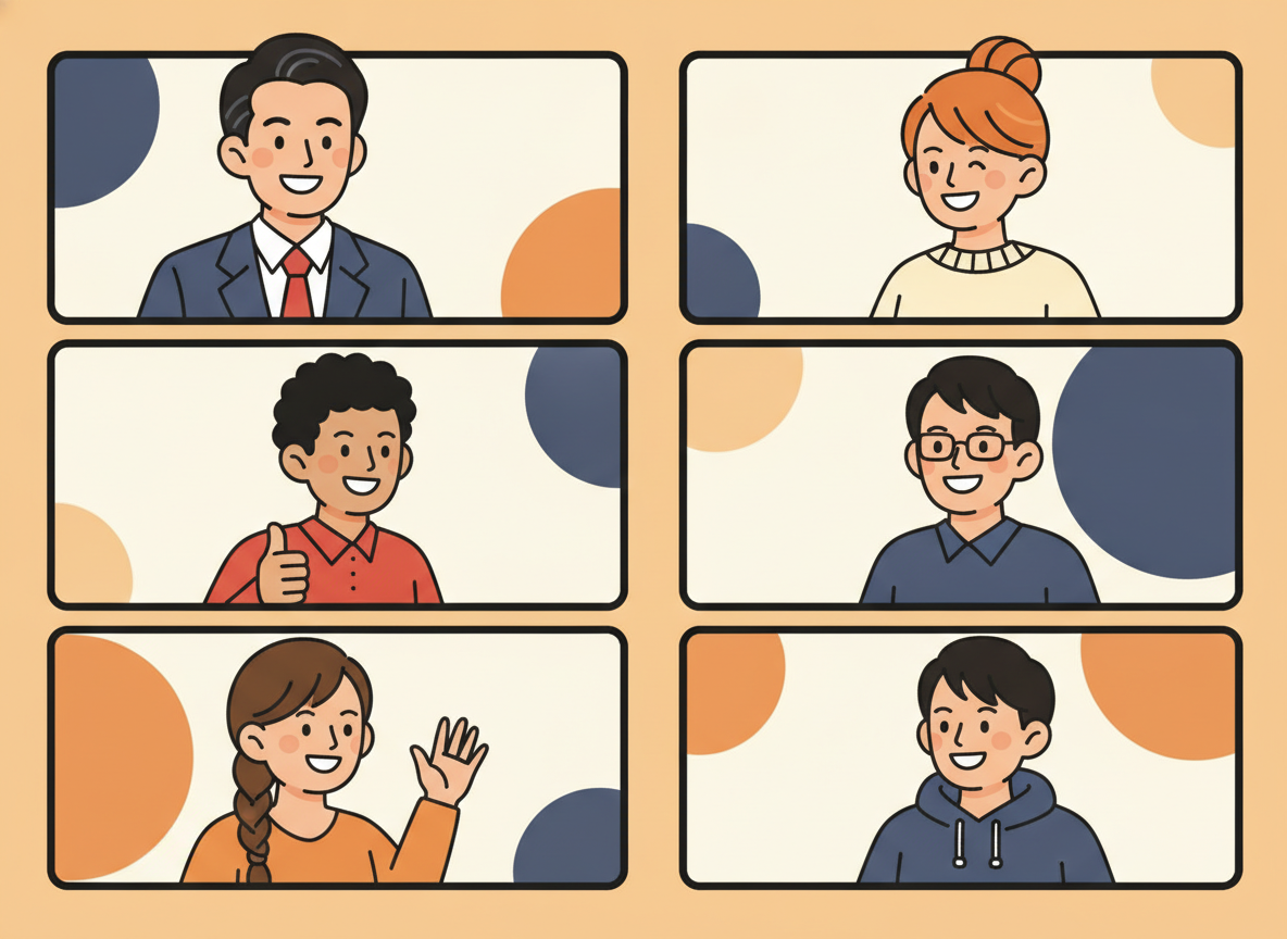 a group of people in a bright online meeting, each in their own frame, engaged and smiling