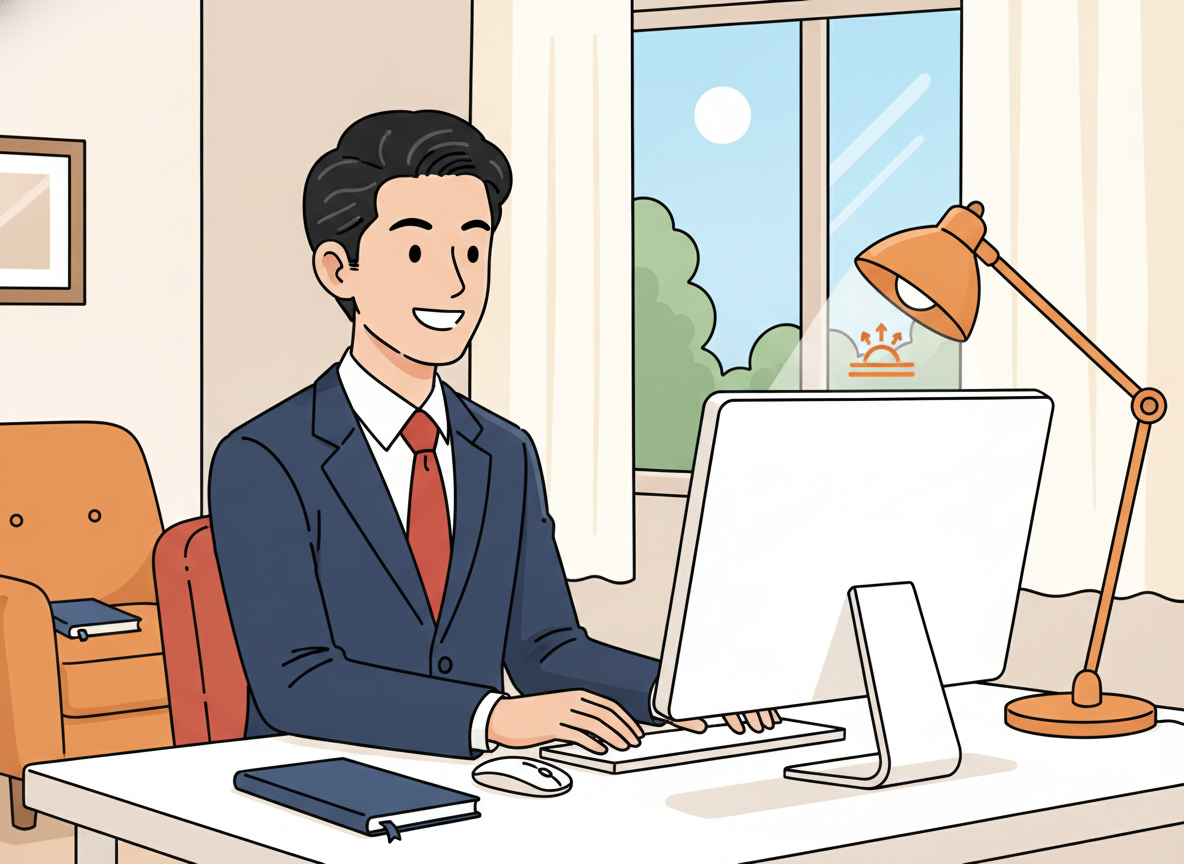 body image 5 – 40代男性が自宅や小さなオフィスでPCに向かって仕事をしているイメージ・明るい雰