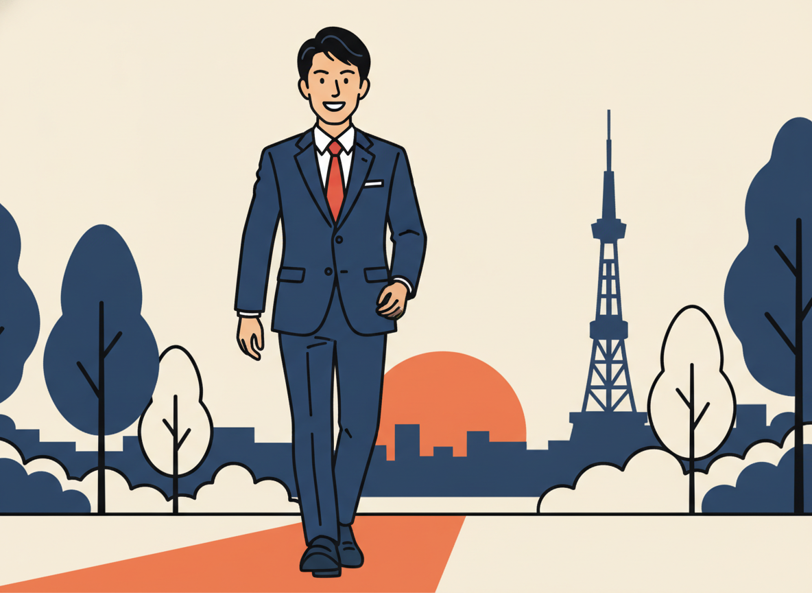 body image 14 – 夕暮れの札幌・大通公園・前向きに歩く40代男性のシルエット
