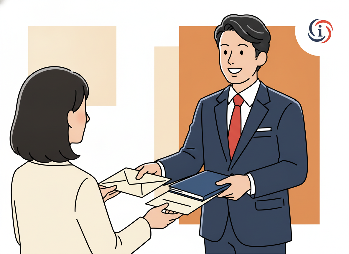 封筒や小冊子・有益な資料を手渡しているシーン。ビジネスカジュアルな雰囲気