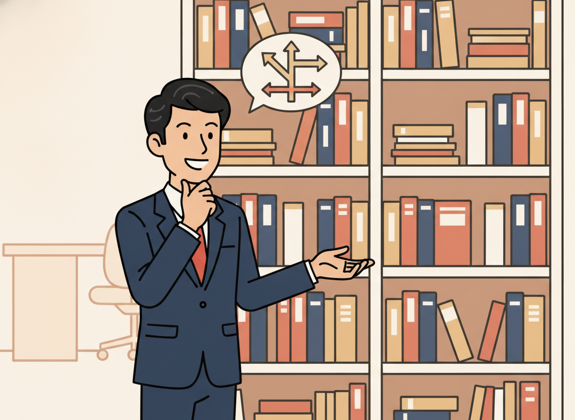 本が並んでいる書棚のイメージ。どの本を選ぶか迷っている経営者のシルエット