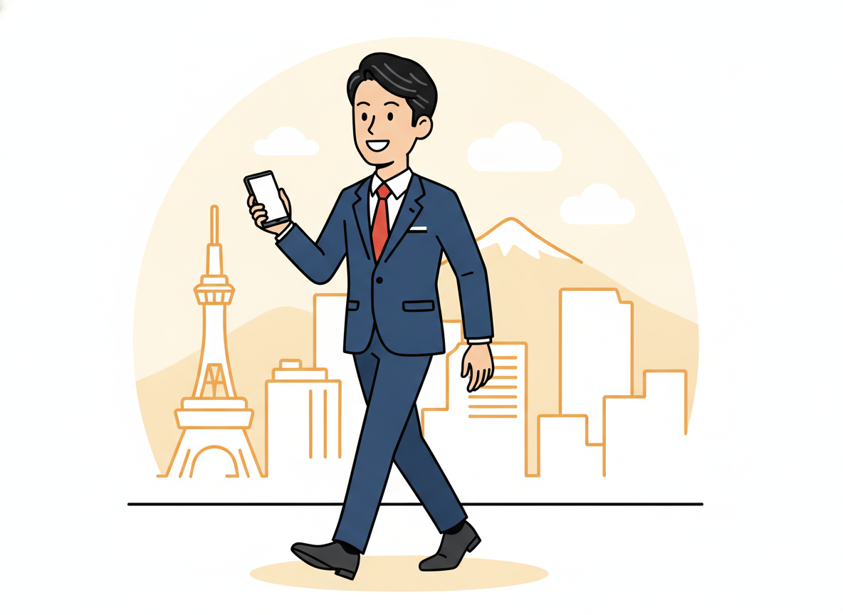 札幌の街並みをバックに、経営者がスマートフォンを持ちながら前向きに歩いているイメージ